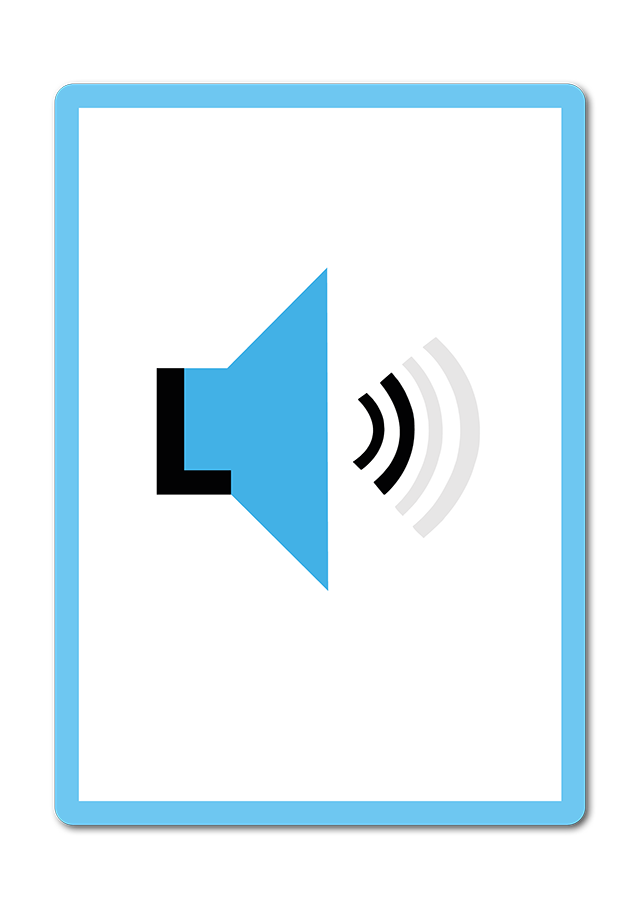 Weiße Karte mit hellblauen Rand. Der Buchstabe L bildet den hinteren Bereich eines Megafons. Schwache Halbkreise zeigen eine geringe Lautstärke an.
