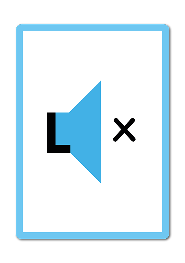 Weiße Karte mit hellblauen Rand. Der Buchstabe L bildet den hinteren Bereich eines Megafons. Ein X symbolisiert seinen lautlosen Zustand.