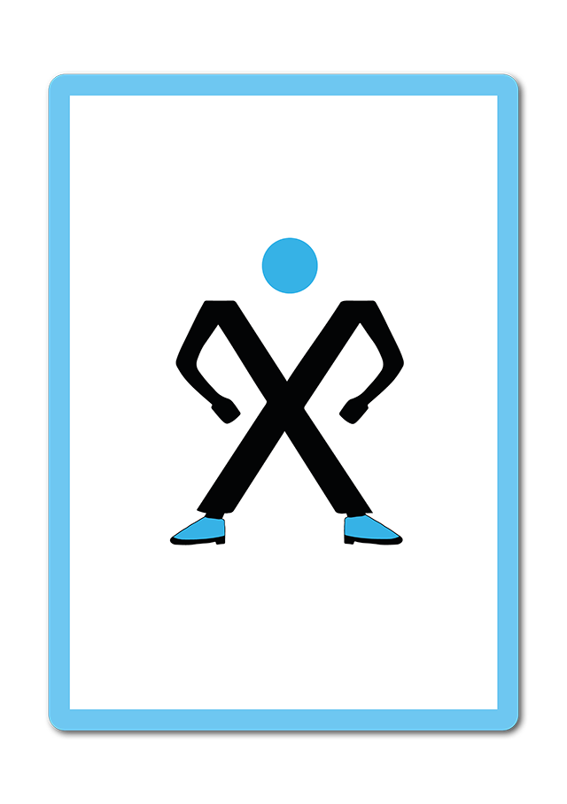 Weiße Karte mit hellblauen Rand. Der Körper der Figur ist der Buchstabe X. Figur steht breitbeinig. Die Arme sind an der Hüfte gestemmt. Aggressive Haltung.