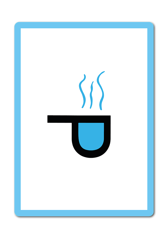 Weiße Karte mit hellblauen Rand. Der gedrehte Buchstabe P bildet eine Tasse. Blaue Linien bilden heißen Dampf.