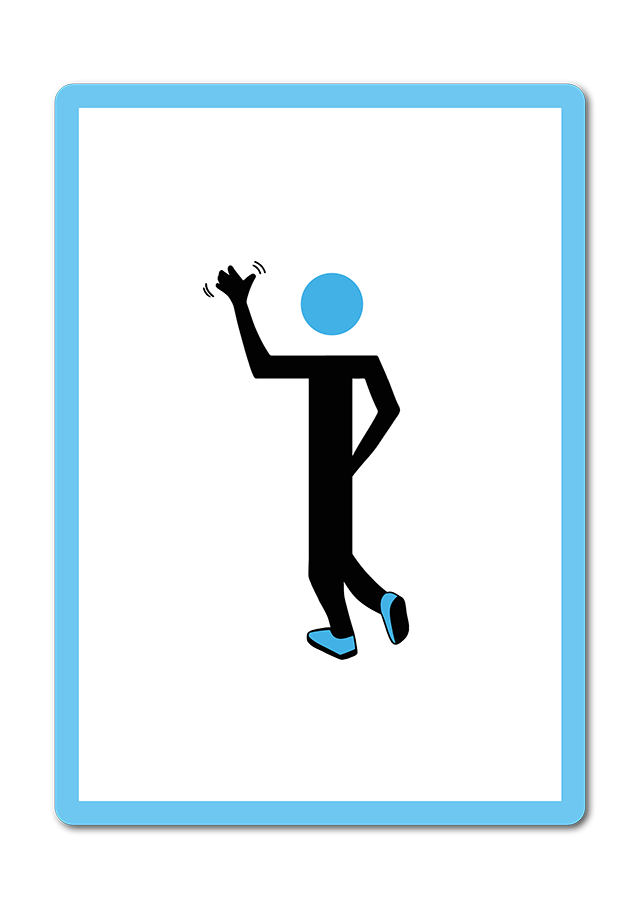 Weiße Karte mit hellblauen Rand. Der Buchstabe T bildet den Körper. Die Figur läuft in die entgegengesetzte Richtung . Sie winkt zum Abschied.