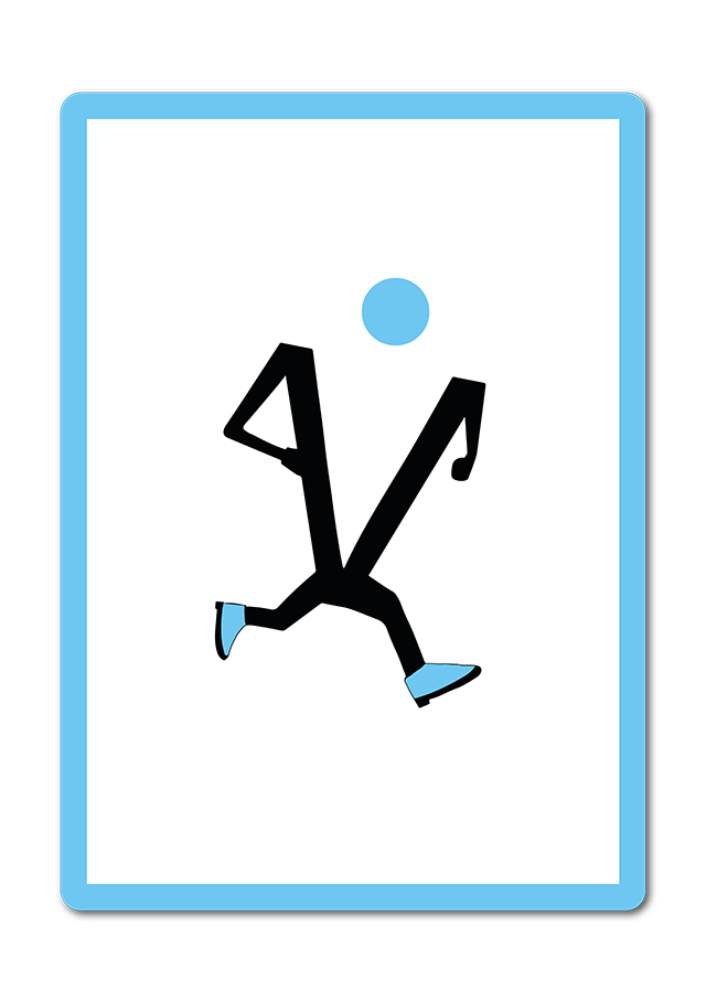 Weiße Karte mit hellblauen Rand. Der Buchstabe V bildet den Körper der Figur. Figur mit V-Körper rennt. Sie hat angewinkelte Arme.