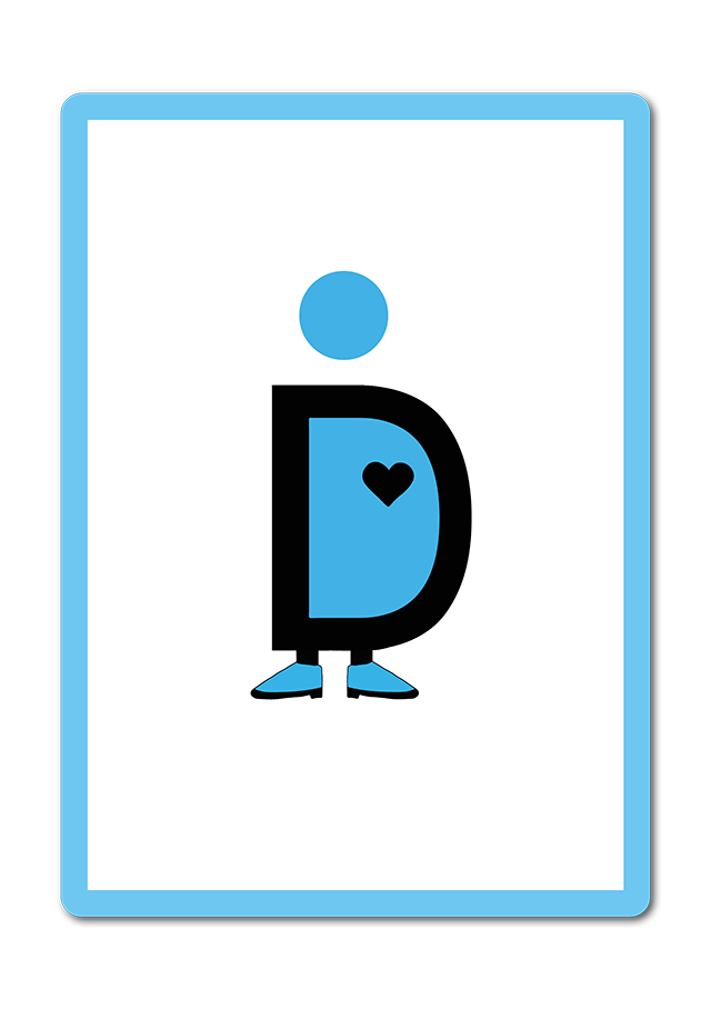 Weiße Karte mit hellblauen Rand. Figur hat den Buchstaben D als Körper. In der Mitte befindet sich ein Herz.