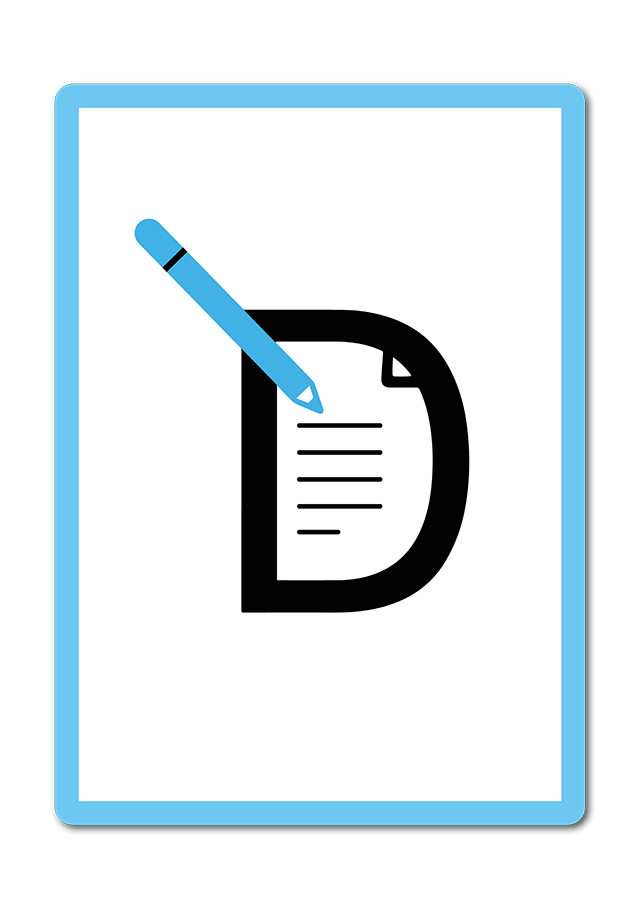 Weiße Karte mit hellblauen Rand. Der Buchstabe D steht für Dokument. In der Mitte befinden sich Linien, sie stehen für einen Text. Ein blauer Stift schreibt den Text.