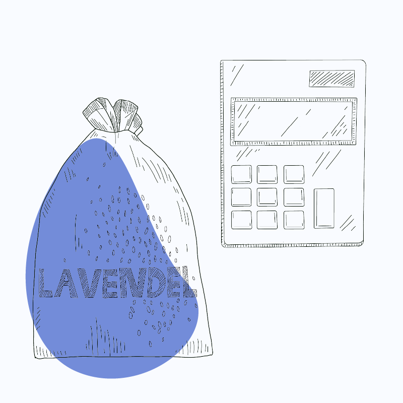Zeichnung eines Taschenrechners und eines Säckchens mit Lavendelblüten